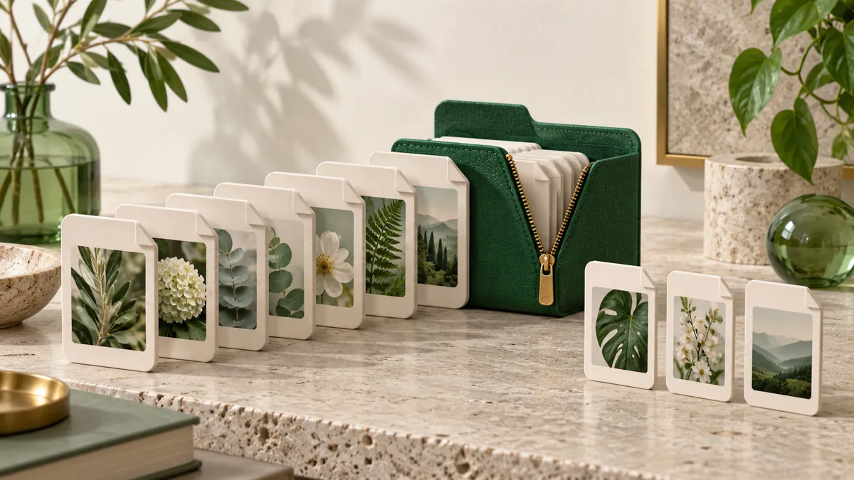 Botanical image cards are grouped in a green folder with a zipper, with individual files alongside.